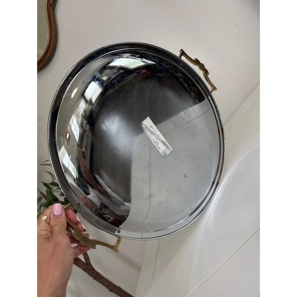 Vintage 60's Kromex Chrome Round Serving Tray Gold Handles MCM USA